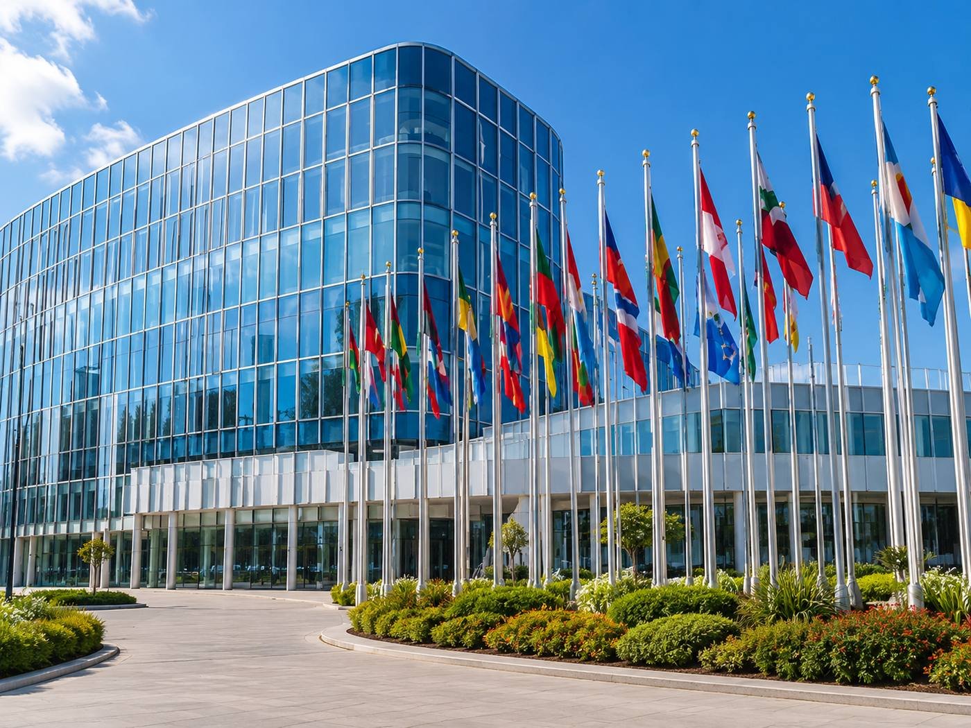 International building with flags