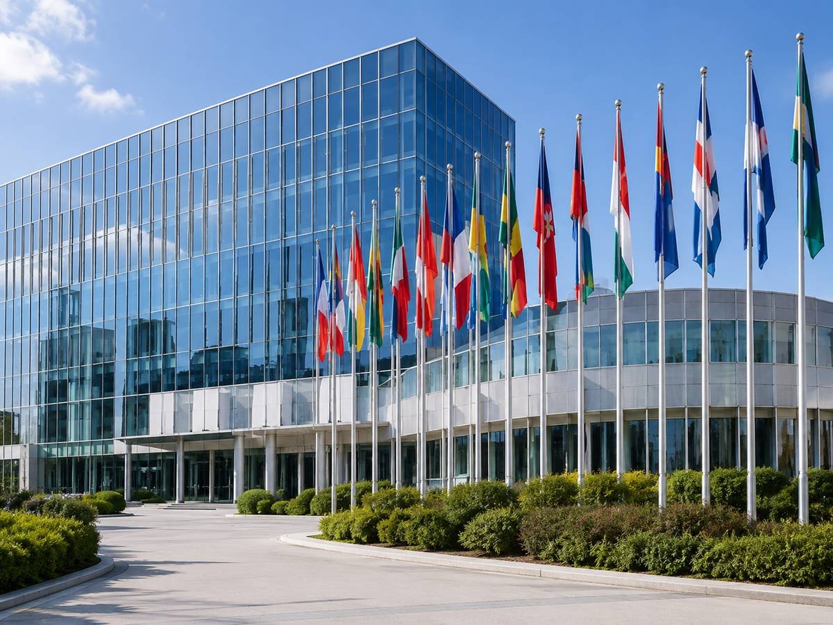 International institution building with flags